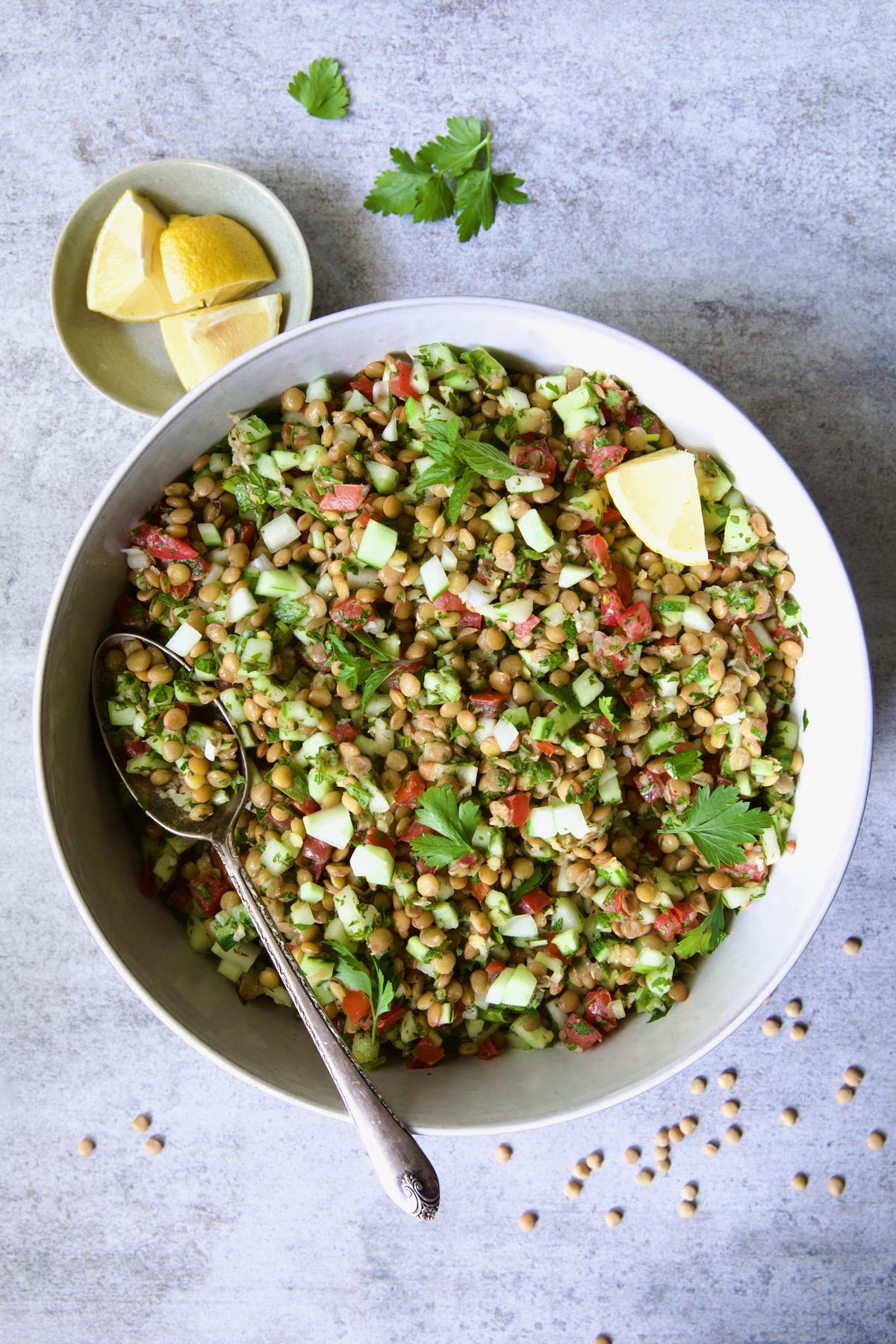 Lentil Tabbouleh in white bowl with serving spoon garnished with fresh mint sprigs, lemon wedges and uncooked lentils scattered about.