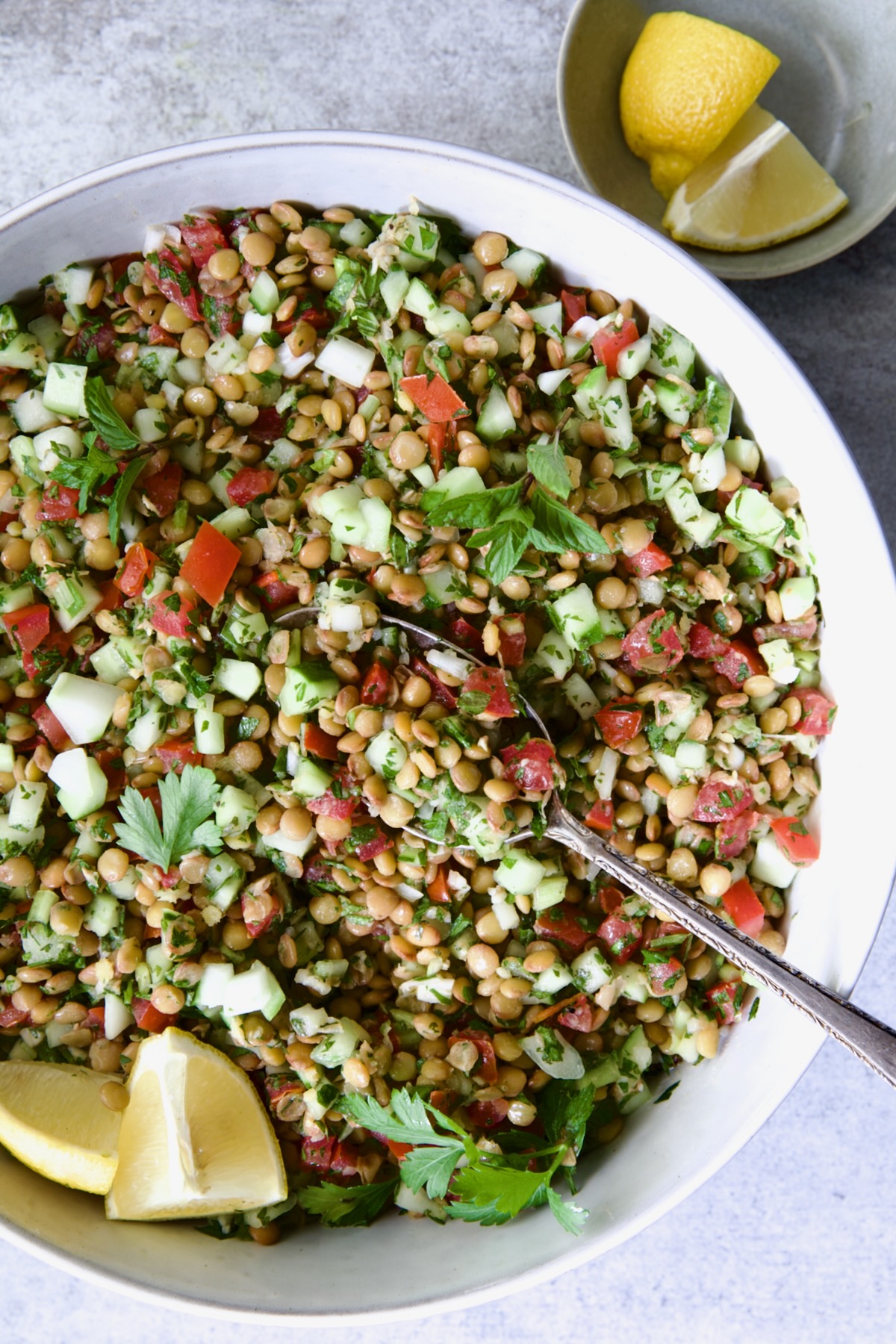 Lentil Tabbouleh in white bowl with serving spoon garnished with fresh mint sprigs and lemon wedges.