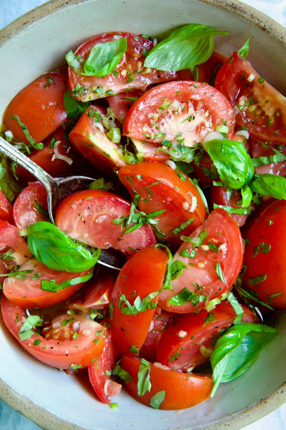 Marinated Tomatoes in old clay bowl with serving spoon garnished with fresh parsley.