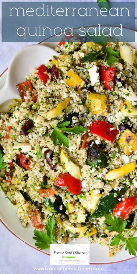 Pinterest graphic for Mediterranean Quinoa salad showing it on a white platter.