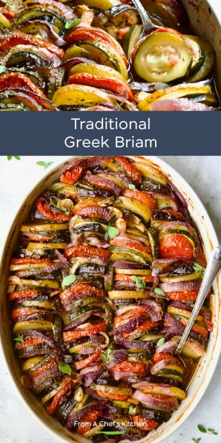 Pinterest graphic for Traditional Greek Briam showing two images of it in an oval white baking dish.