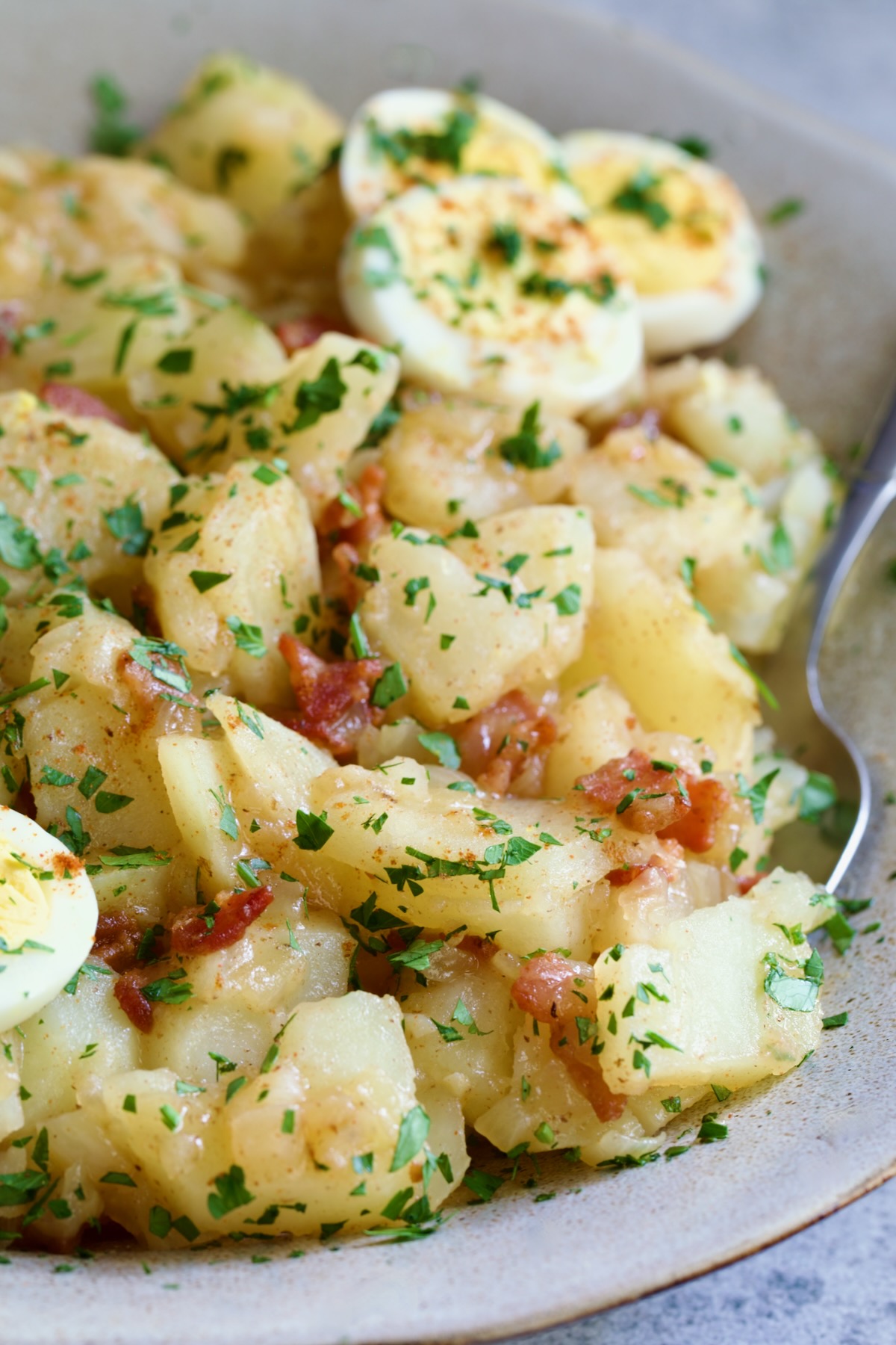 German Potato Salad in round earthenware bowl garnished with egg slices and fresh parsley with serving spoon.