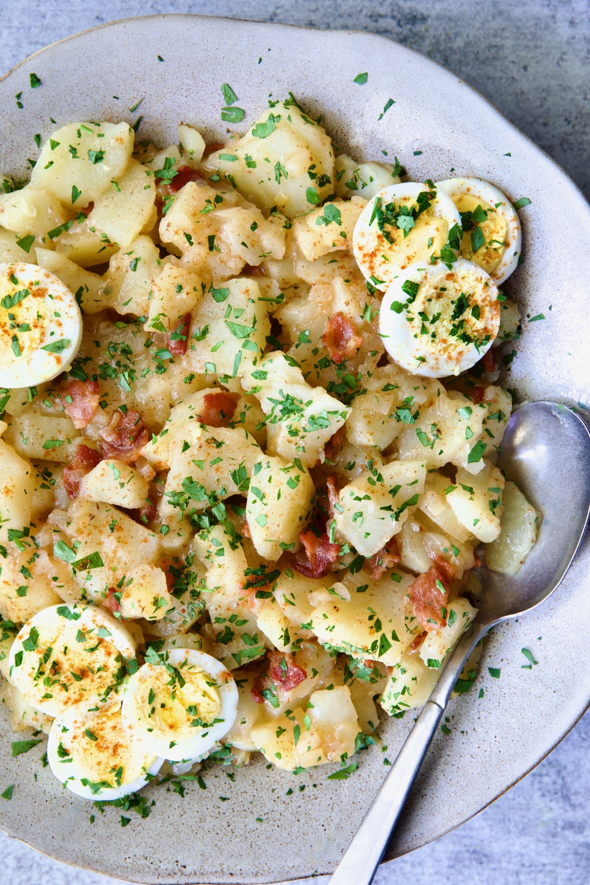 German Potato Salad in round earthenware bowl garnished with egg slices and fresh parsley with serving spoon.