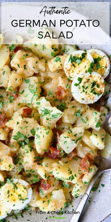 Pinterest graphic for German Potato Salad showing it garnished with eggs.