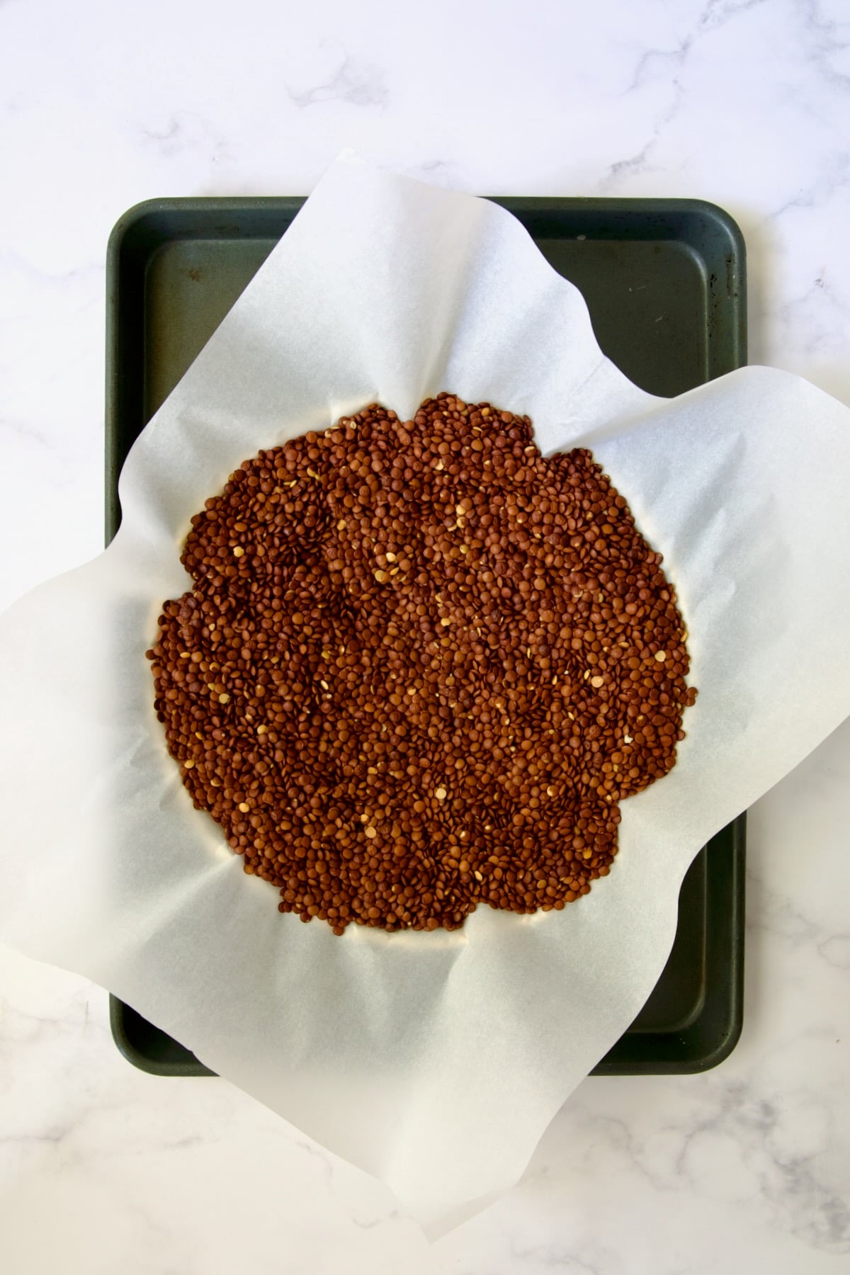 Tart dough in tart pan with parchment paper covering it and lentils placed over it before being blind baked.