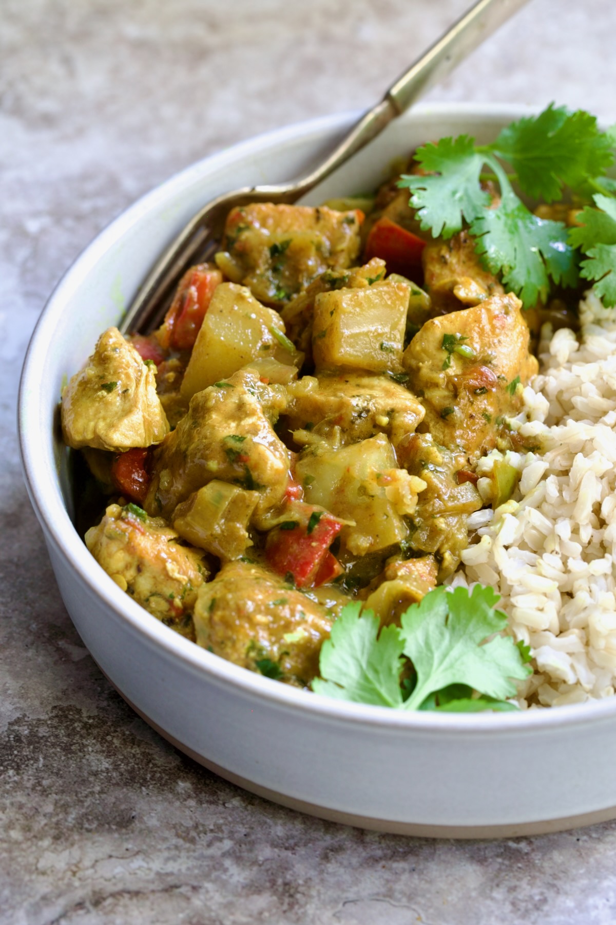 One serving of Chicken and Potato Curry in earthenware bowl with brown rice garnished with cilantro sprigs.