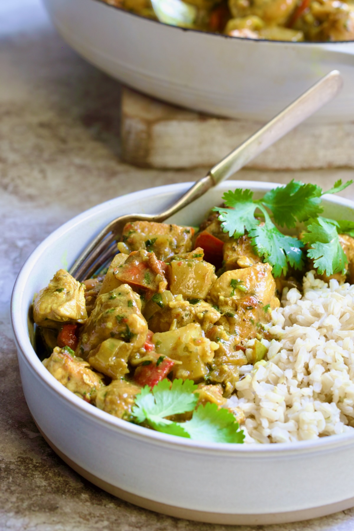 One serving of Chicken and Potato Curry in earthenware bowl with brown rice garnished with fresh cilantro.