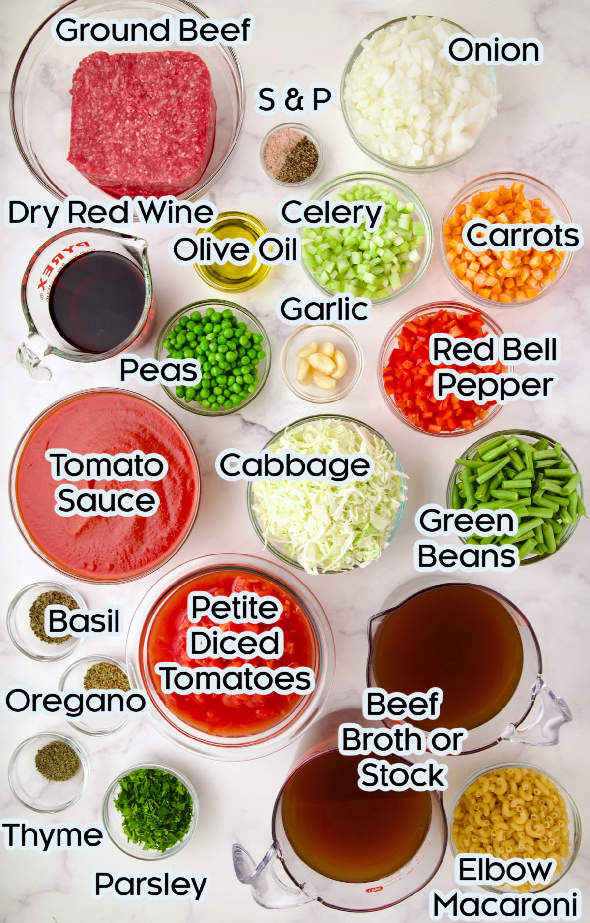 Ingredients for Hamburger Vegetable Soup in glass bowls.