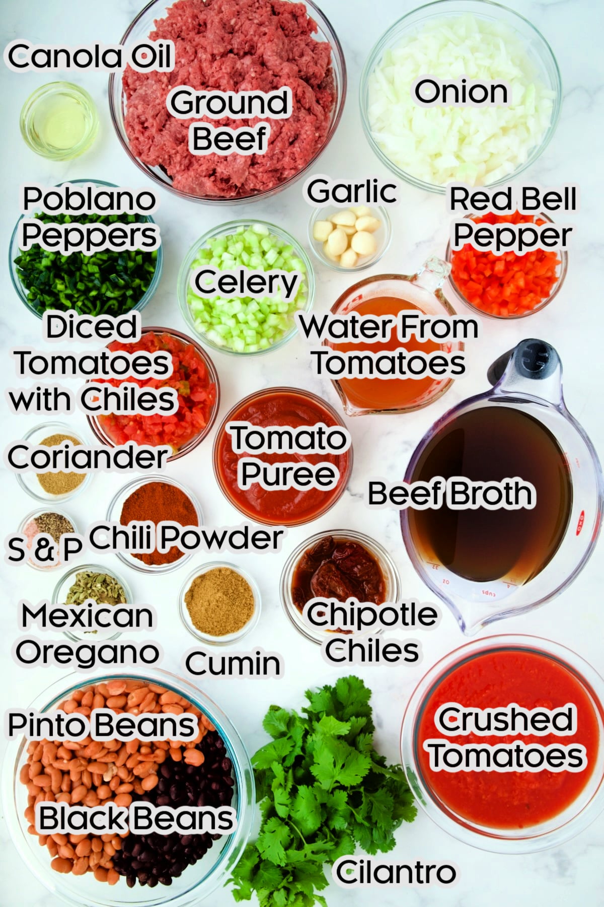 Ingredients for Game Day Chili in glass bowls.