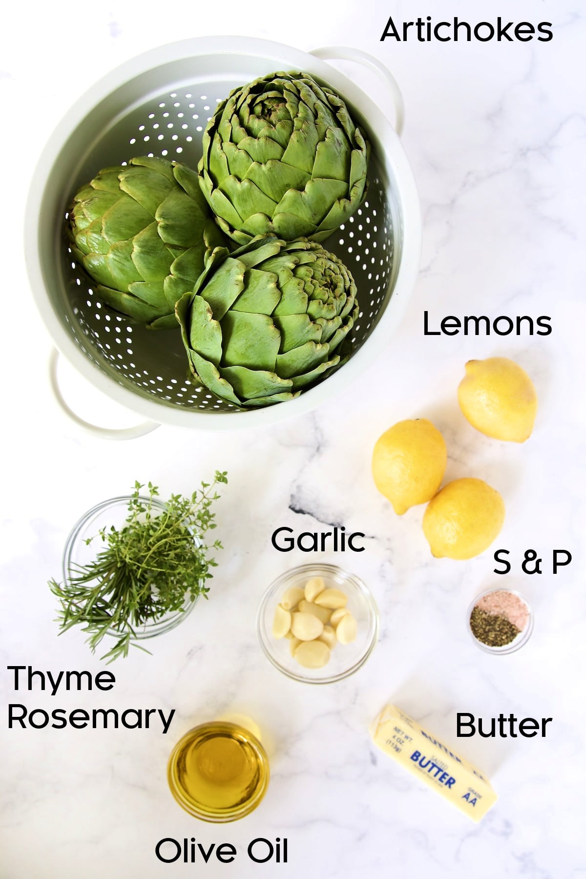 Ingredients for Roasted Artichokes with Garlic Butter.