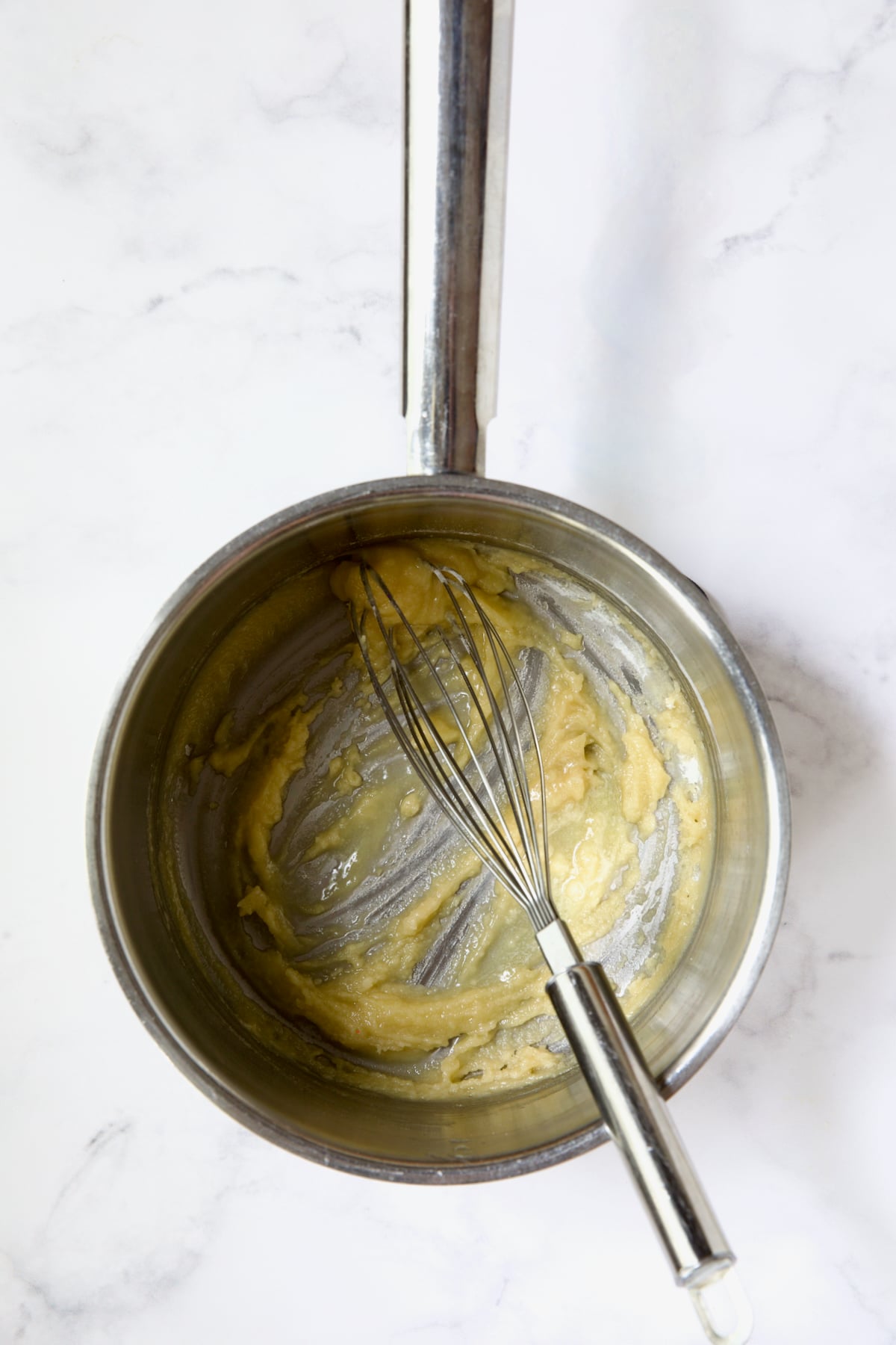 Melted butter and flour combined with wire whisk in stainless steel saucepan.