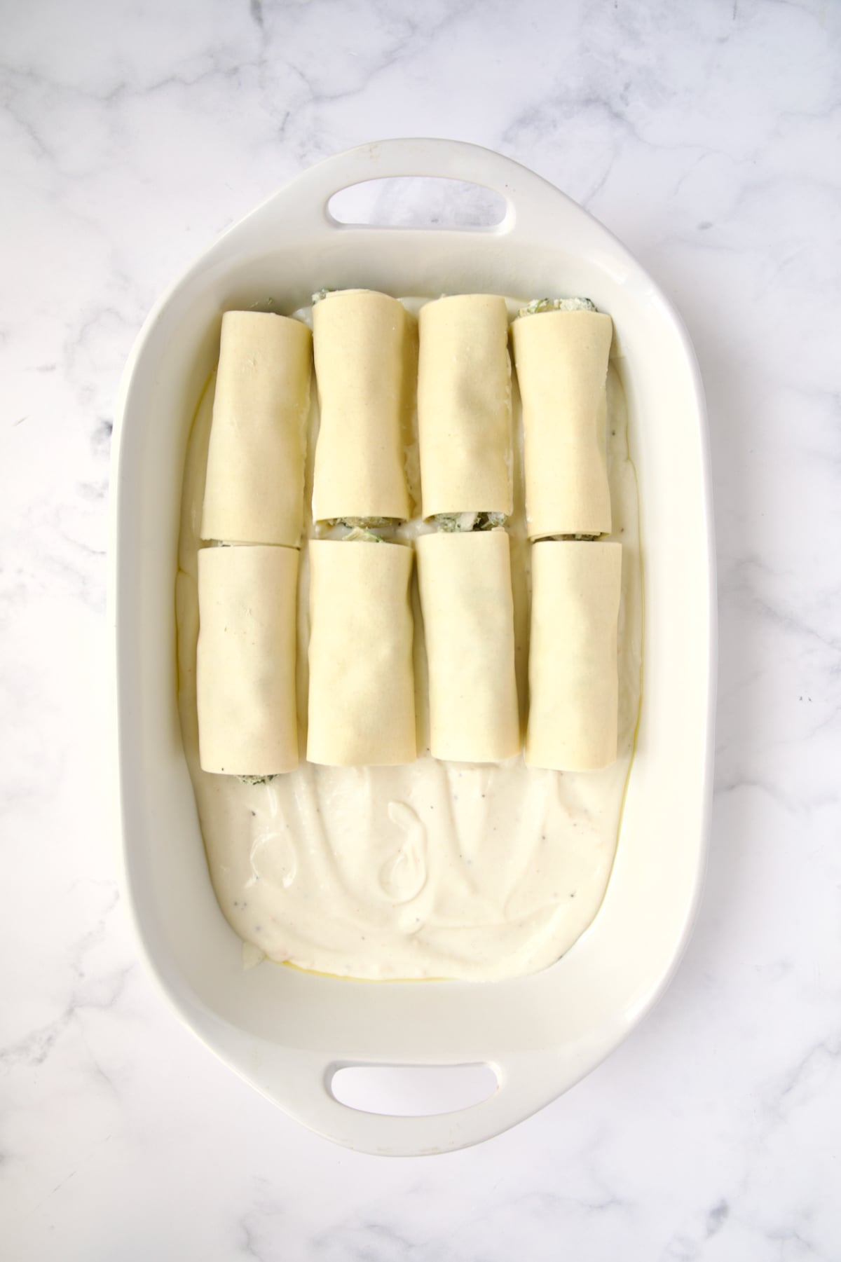 Eight cannelloni set on bechamel sauce in white oval baking dish.