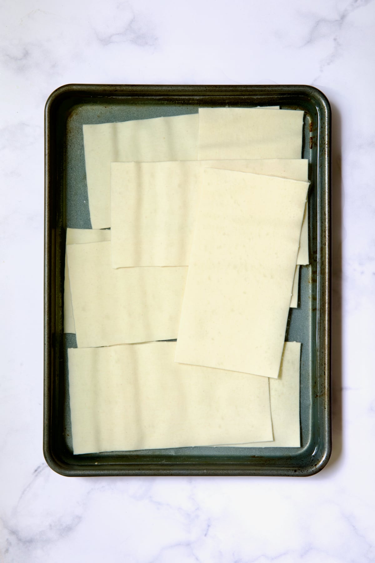 12 flat lasagna sheets in water in rimmed sheet pan.