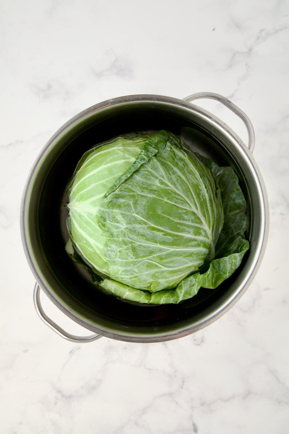 Head of cabbage in water in stainless steel pot.