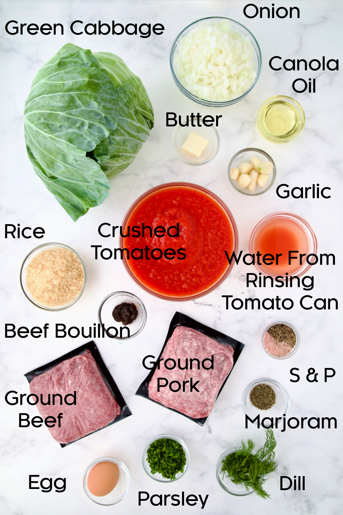 Ingredients for Polish Stuffed Cabbage in glass bowls.