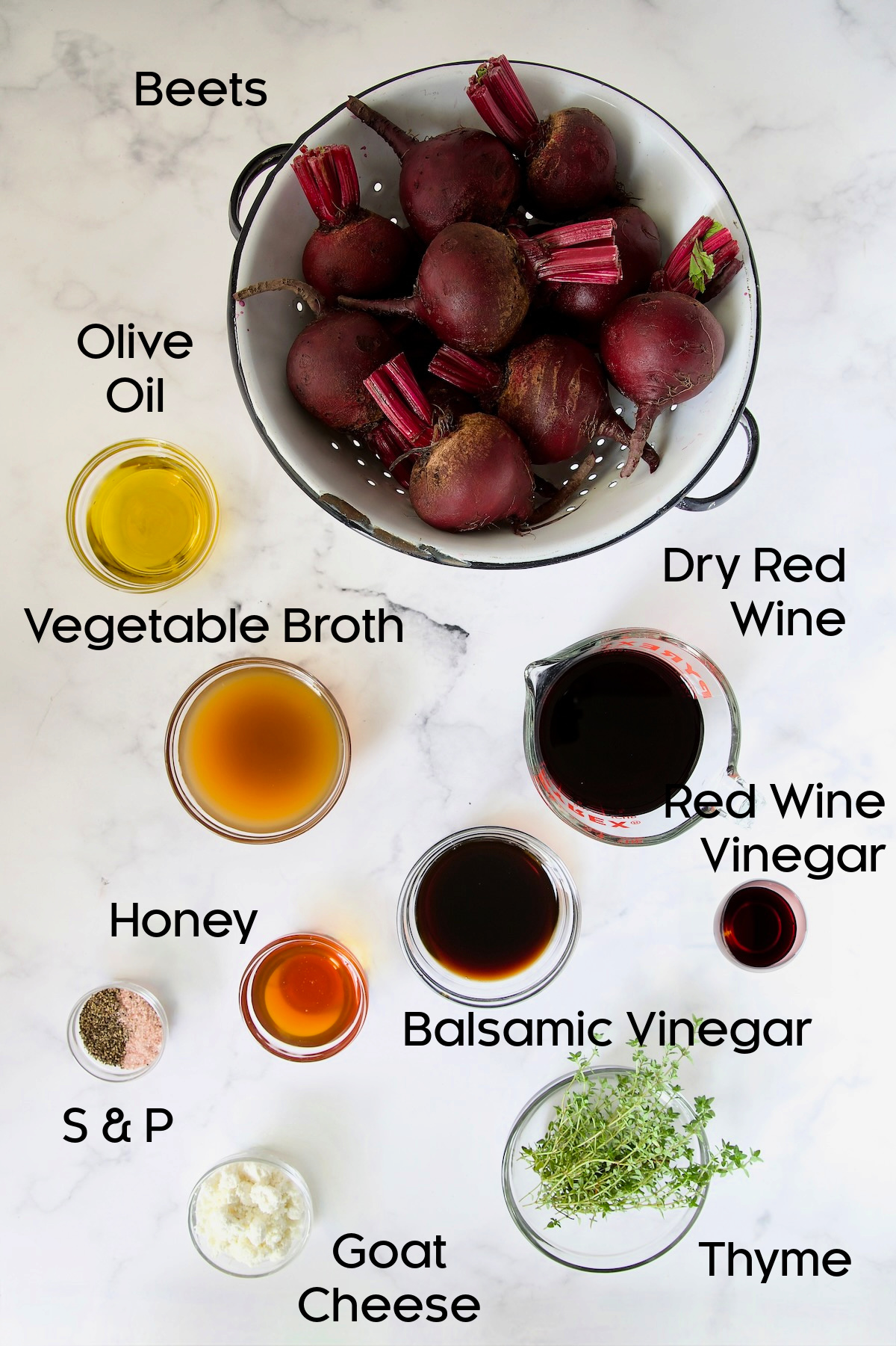 Ingredients for Roasted Beets with Red Wine Glaze in glass bowls.