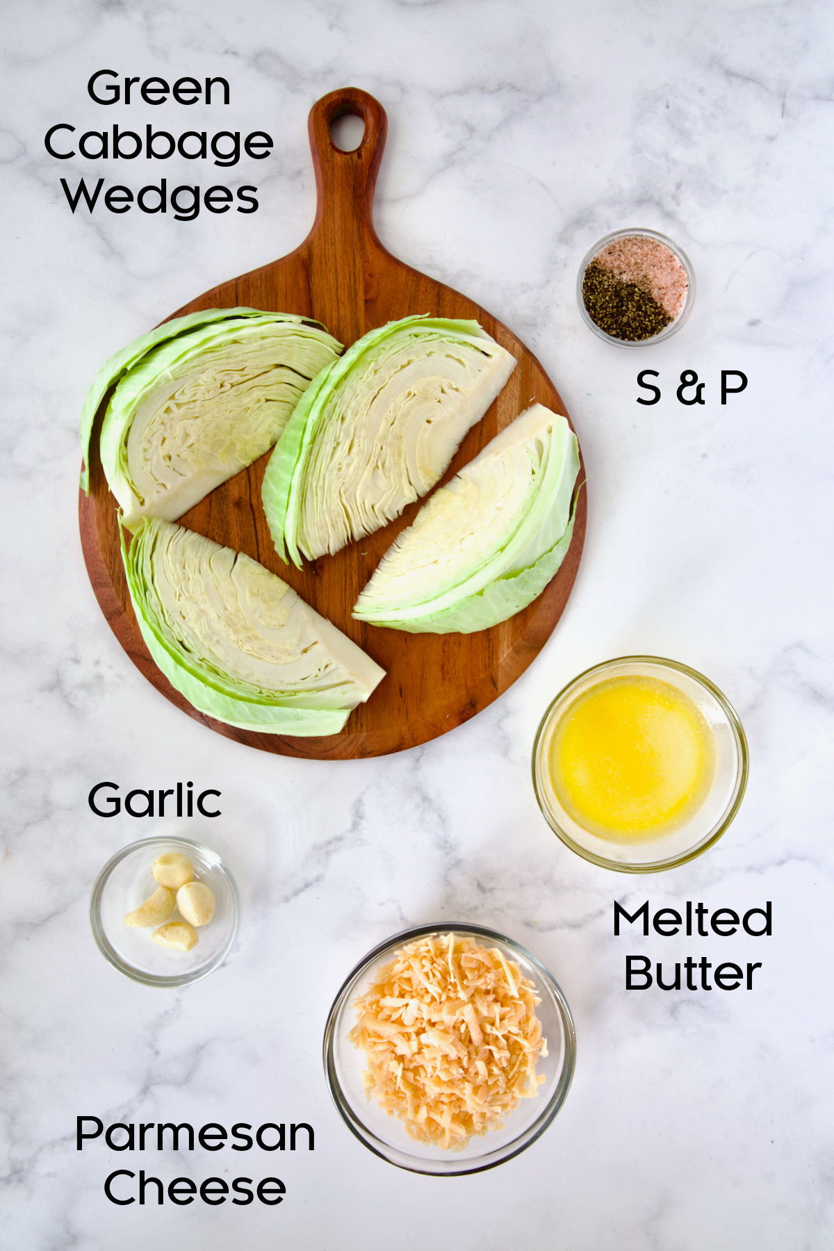 Ingredients for Baked Garlic Parmesan Cabbage Wedges in glass bowls.