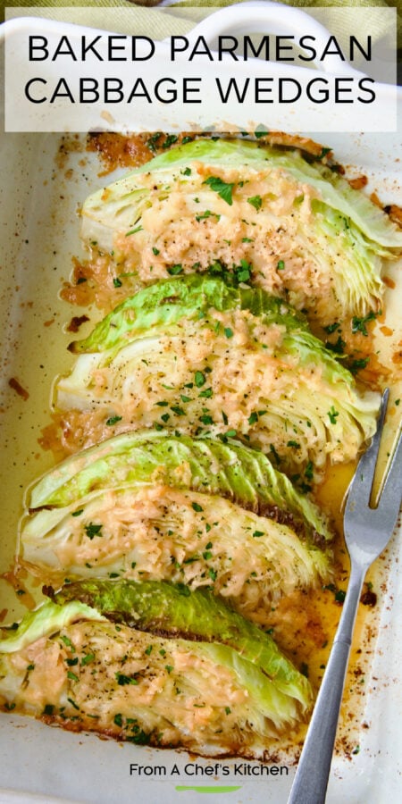 Pinterest graphic for Parmesan Roasted Cabbage Wedges showing four wedges in a white rectangular baking dish.