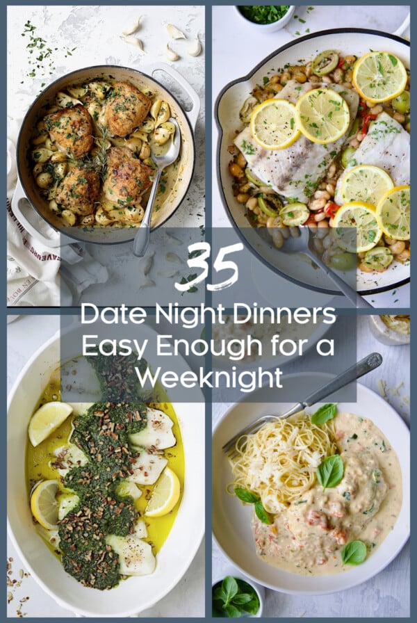 Collage of two chicken recipes and two fish recipes.