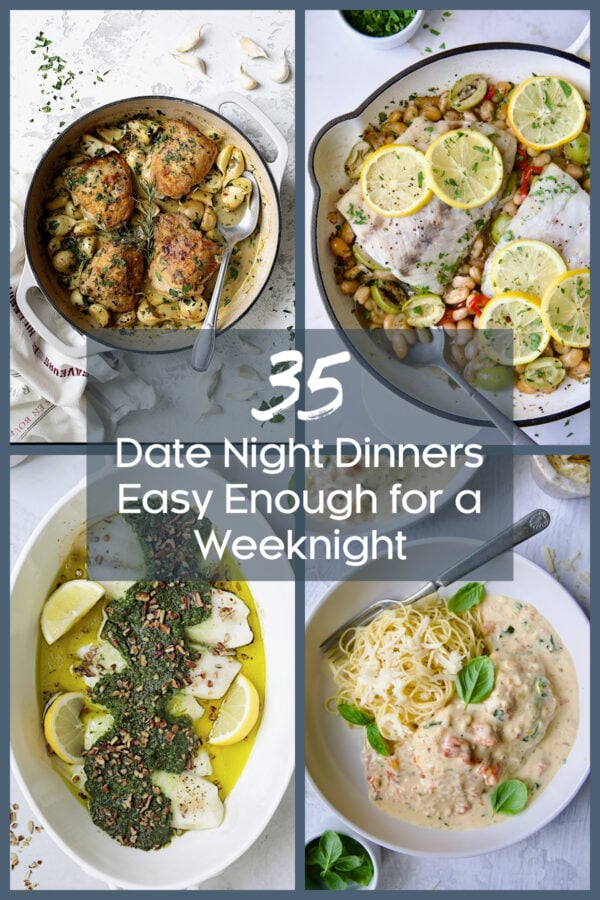 Collage of two chicken recipes and two fish recipes.