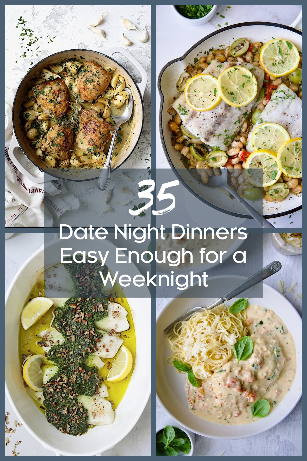 Collage of two chicken recipes and two fish recipes.