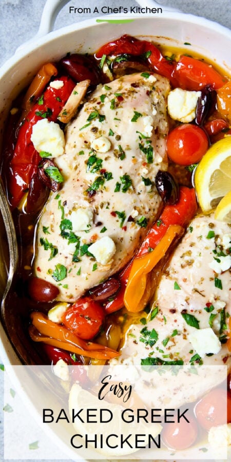 Pinterest graphic for Baked Greek Chicken showing two breasts in a white baking dish.