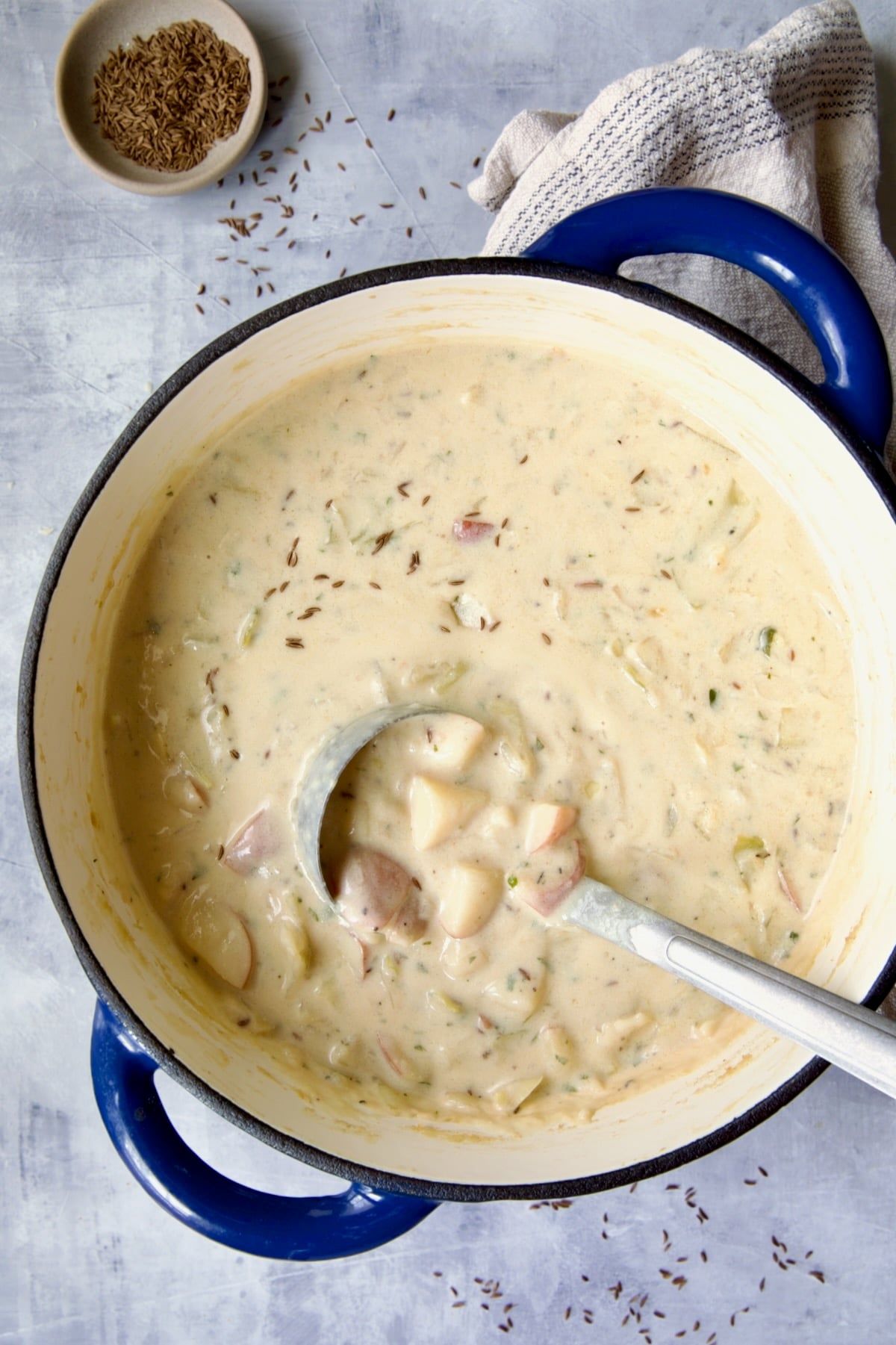 Completed soup garnished with more caraway seeds in blue cast iron Dutch oven.