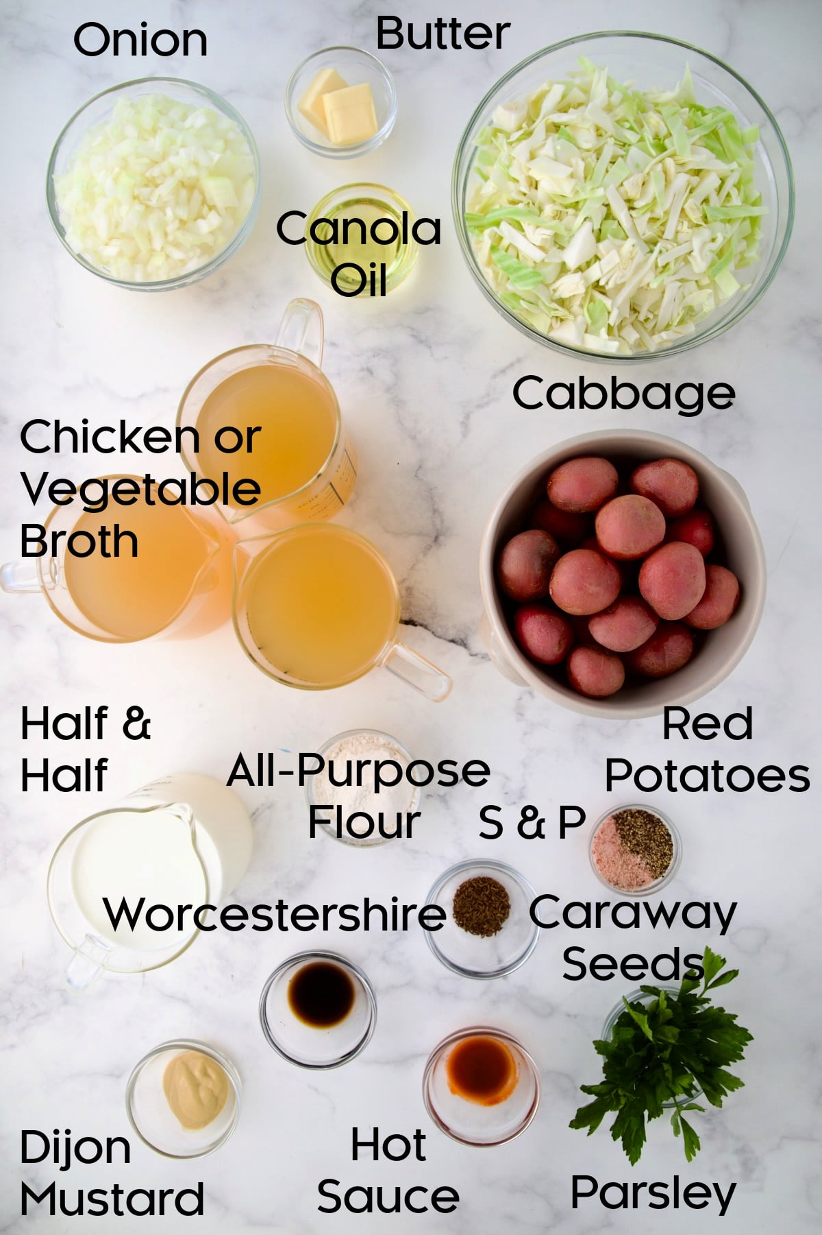 Ingredients for Creamy Potato Soup Recipe in glass bowls.