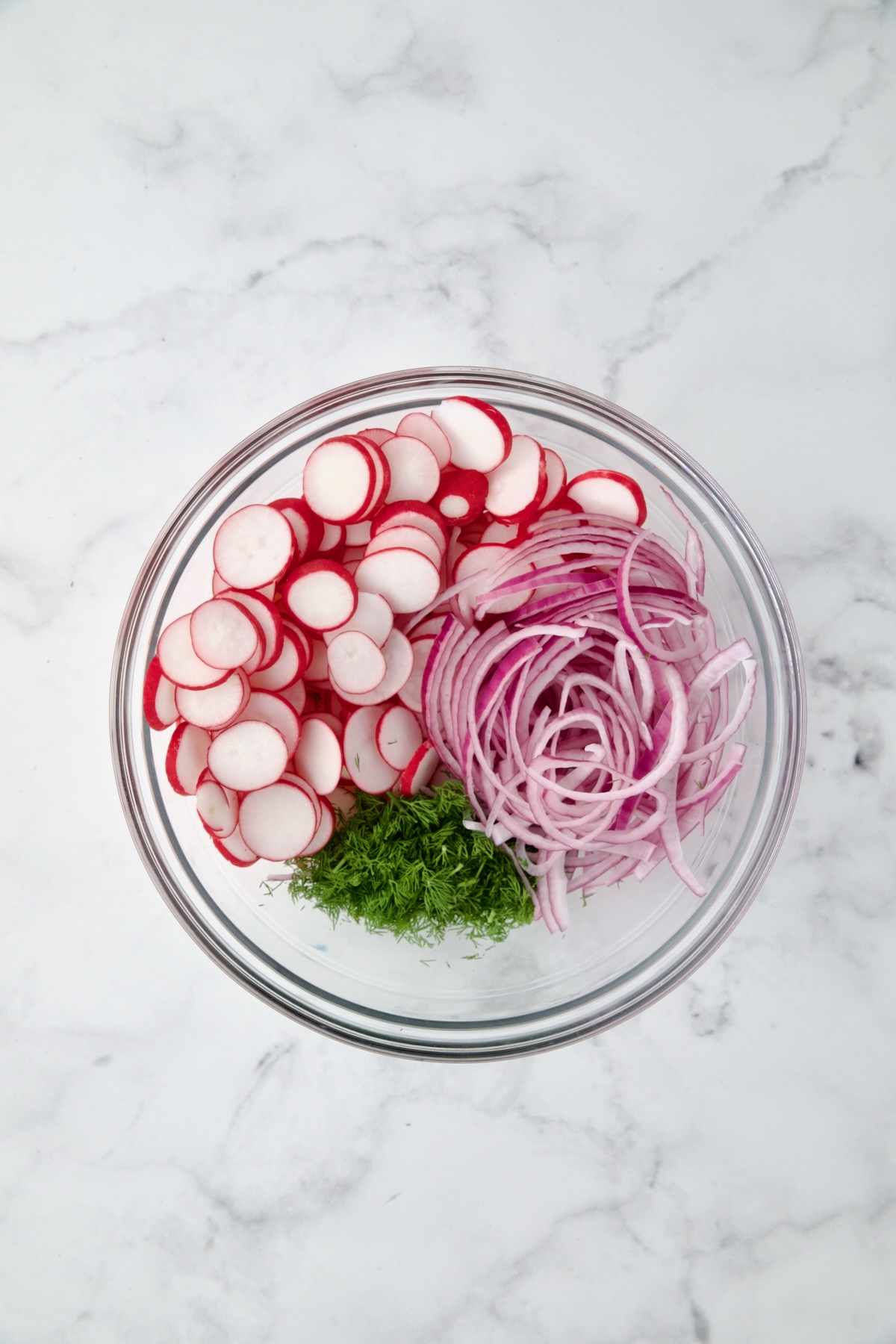 Radishes, red onion and dill in glass bowl.