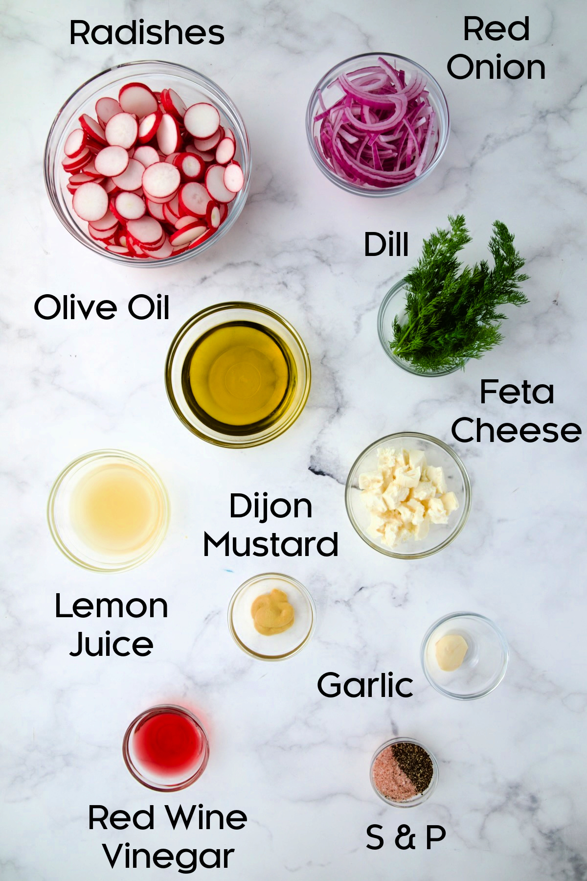 Ingredients for Radish Red Onion Salad in glass bowls.