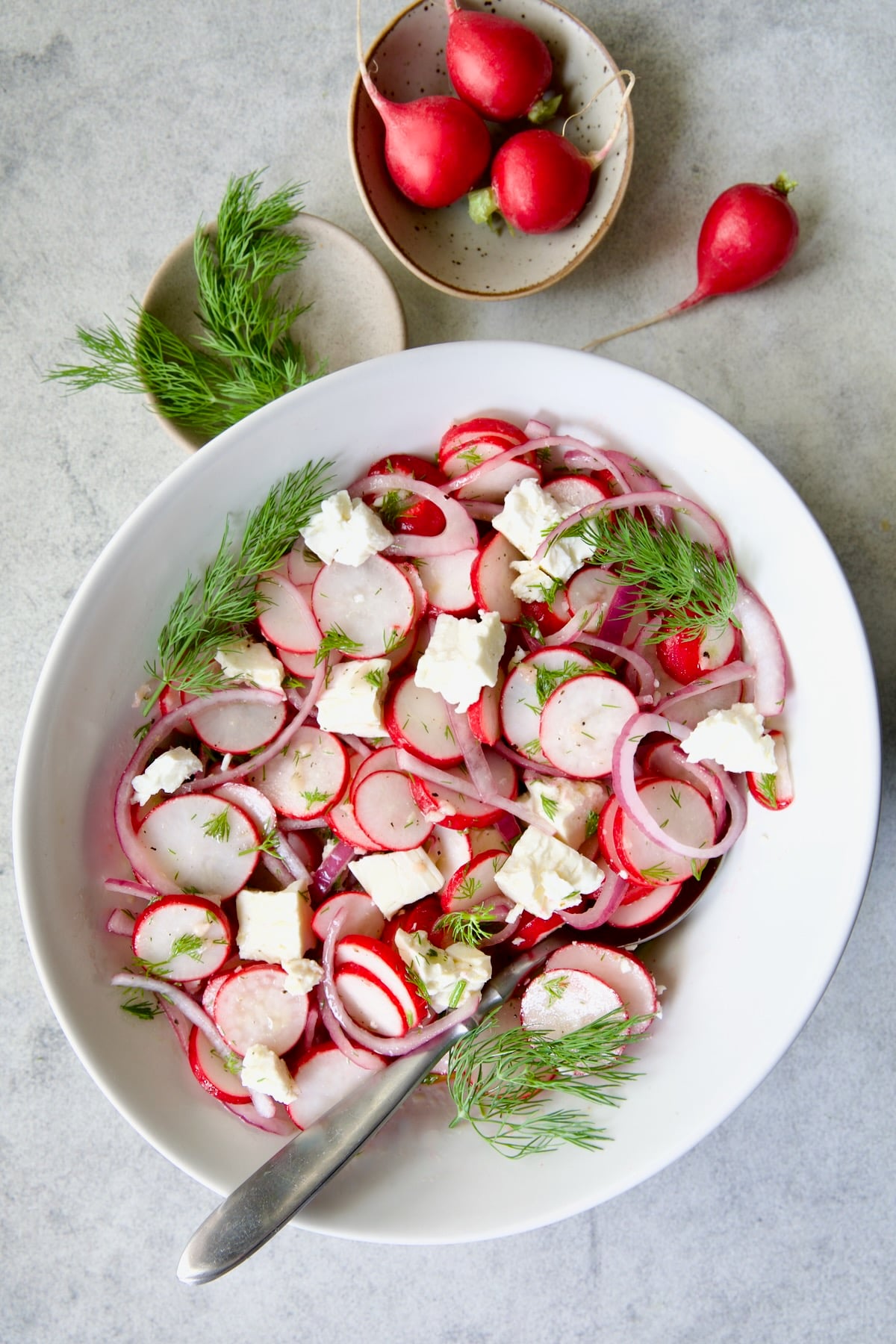 Radish Red Onion Salad in white oval serving bowl with serving spoon garnished with fresh dill.