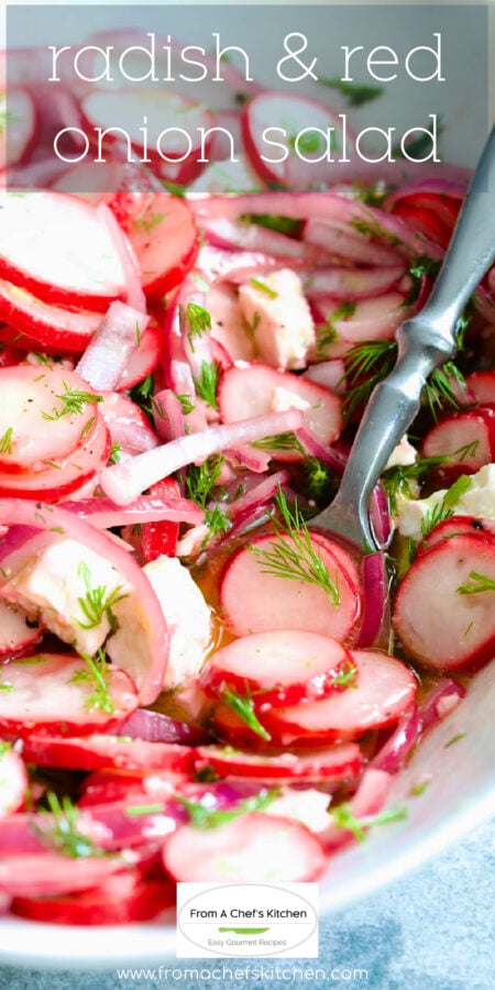 Pinterest graphic for Radish and Red Onion Salad in white serving bowl with serving spoon.