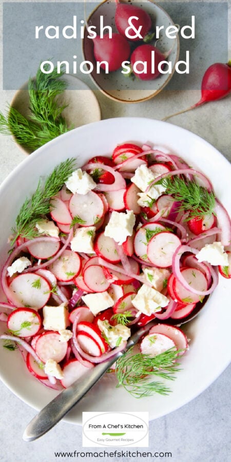 Pinterest graphic for Radish and Red Onion Salad showing it in a white oval serving bowl with serving spoon.