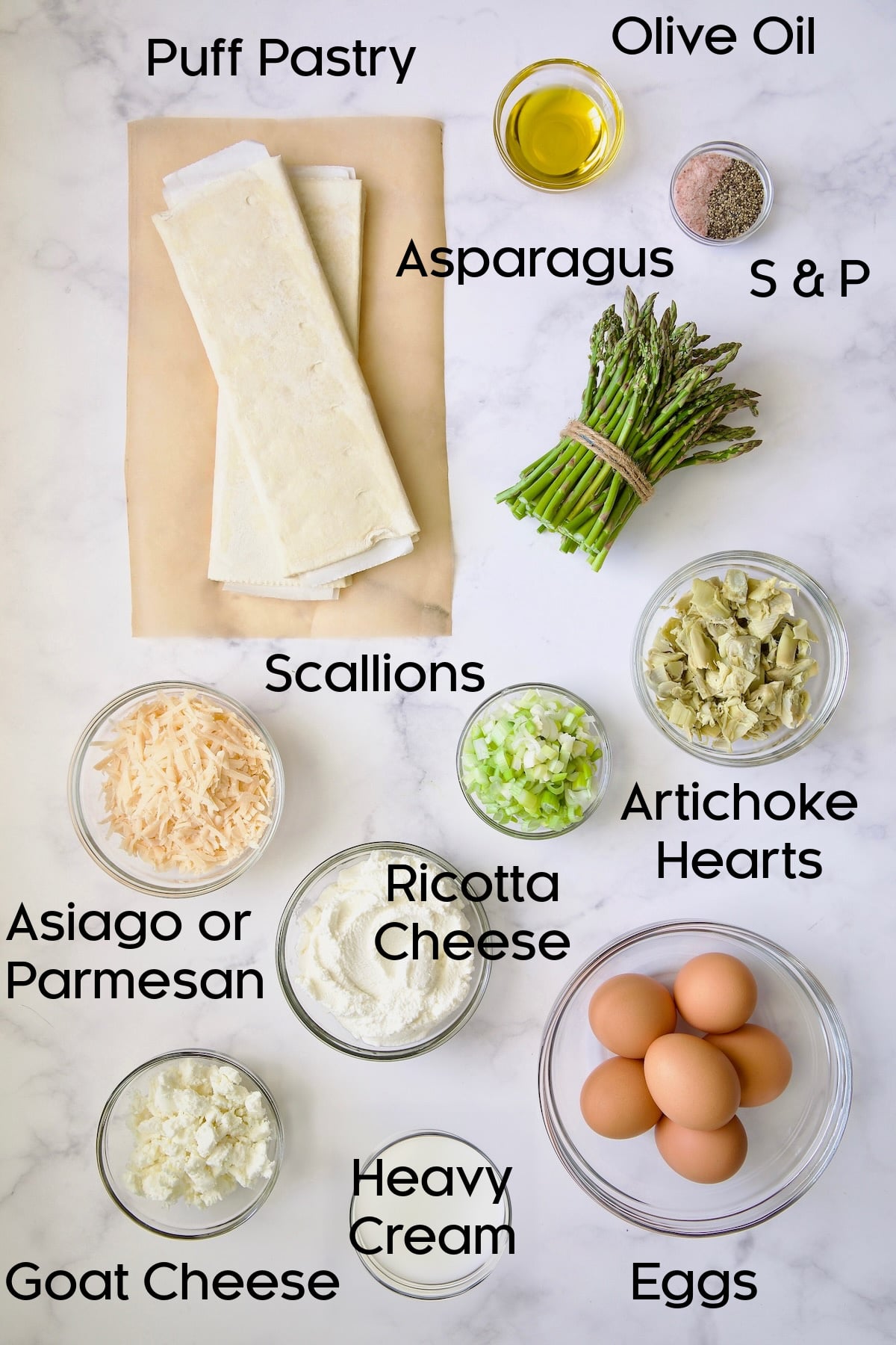 Ingredients for Sheet Pan Savory Sprint Tart in glass bowls.