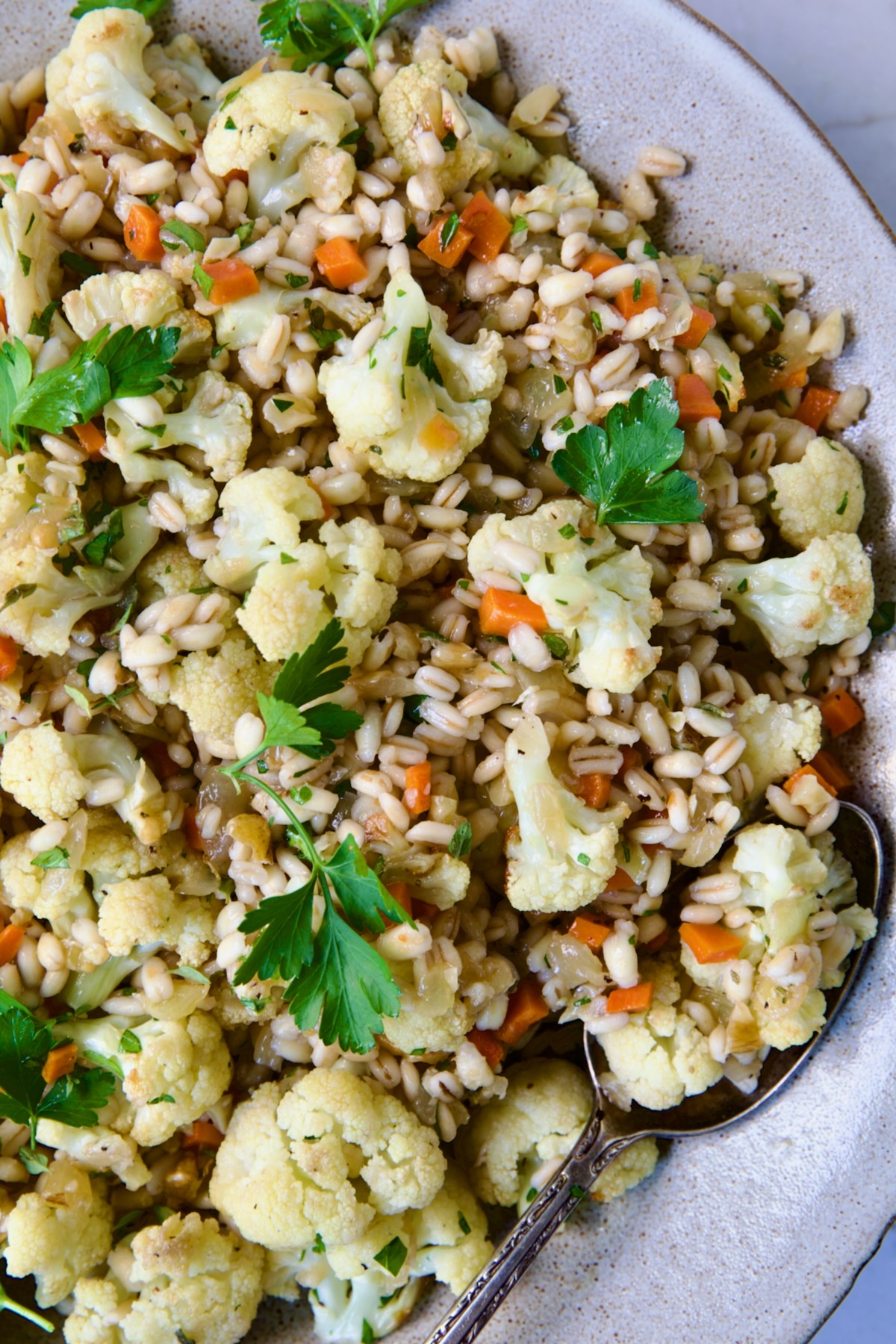 Barley PIlaf with Roasted Cauliflower garnished with fresh parsley in serving bowl with serving spoon.