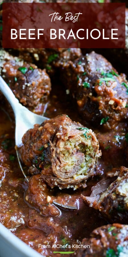 Pinterest graphic for Beef Braciole showing a halved braciole on a serving spoon exposing the filling.