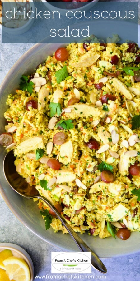 Pinterest graphic for Chicken Couscous salad showing it in a light blue bowl with serving spoon.