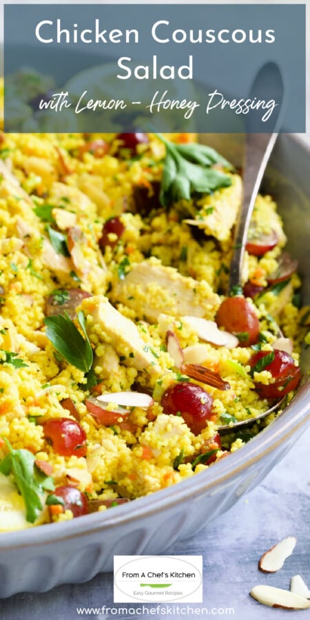 Pinterest graphic for Chicken Couscous salad showing it in a light blue bowl with serving spoon.