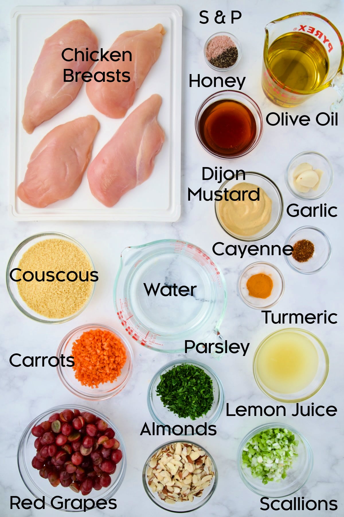 Ingredients for Chicken Couscous Salad in glass bowls.