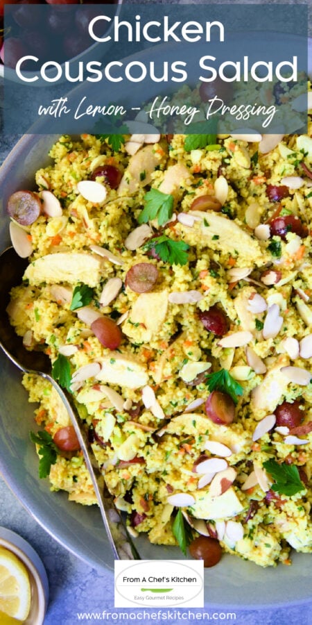 Pinterest graphic for Chicken Couscous salad showing it in a light blue bowl with serving spoon.
