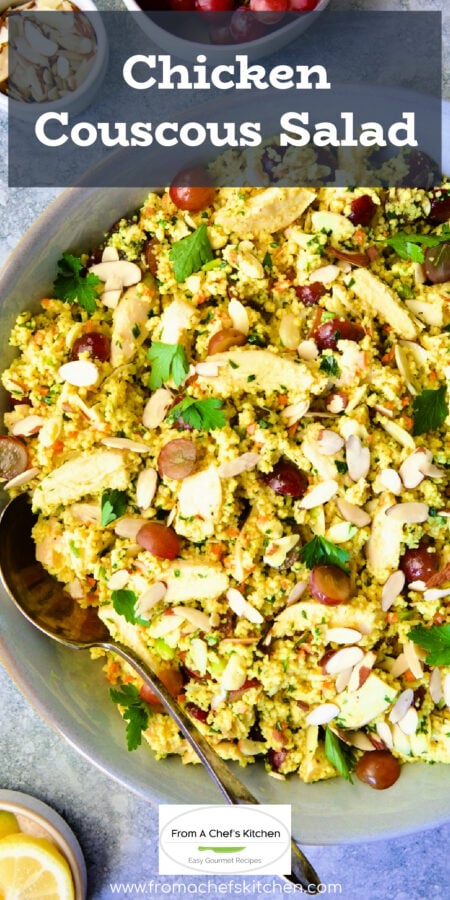 Pinterest graphic for Chicken Couscous Salad showing it in a blue bowl.