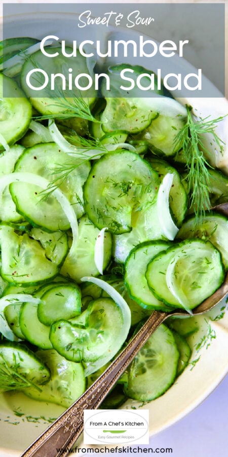 Pinterest graphic for Cucumber Onion Salad showing it in a decorative bowl with serving spoon.