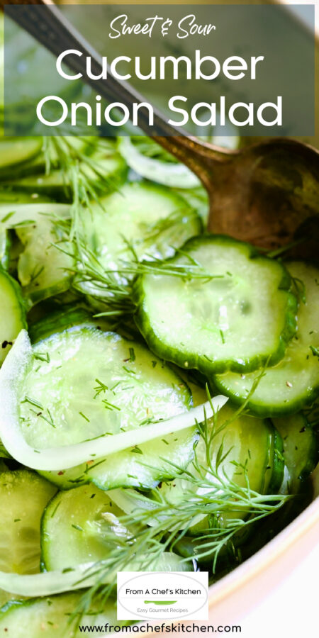 Pinterest graphic for Cucumber Onion Salad showing it in a decorative bowl with serving spoon.