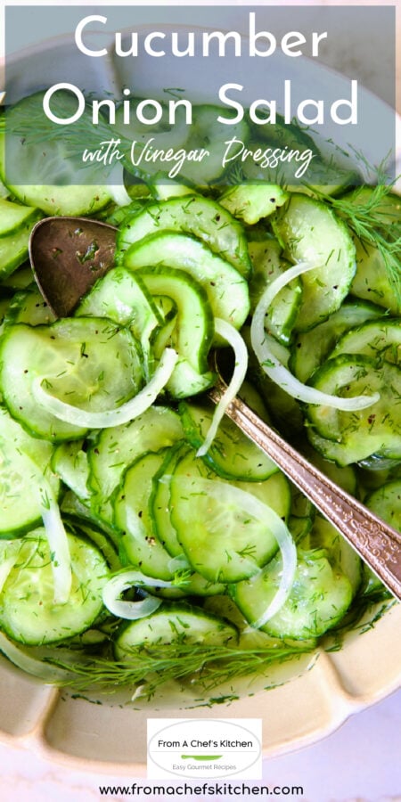 Pinterest graphic for Cucumber Onion Salad showing it in a decorative bowl with serving spoon.
