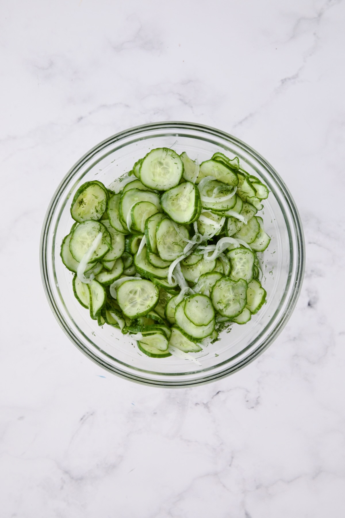 Salad in glass bowl after all ingredients combined.