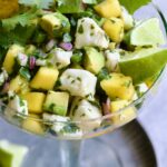 Halibut Ceviche in margarita glass garnished with cilantro sprigs.