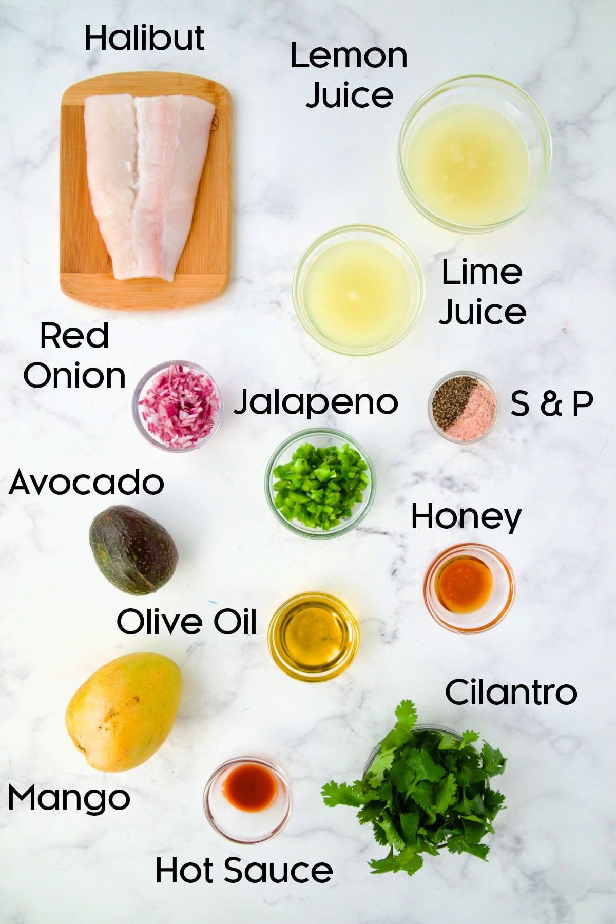 Ingredients for Halibut Ceviche in glass bowls.