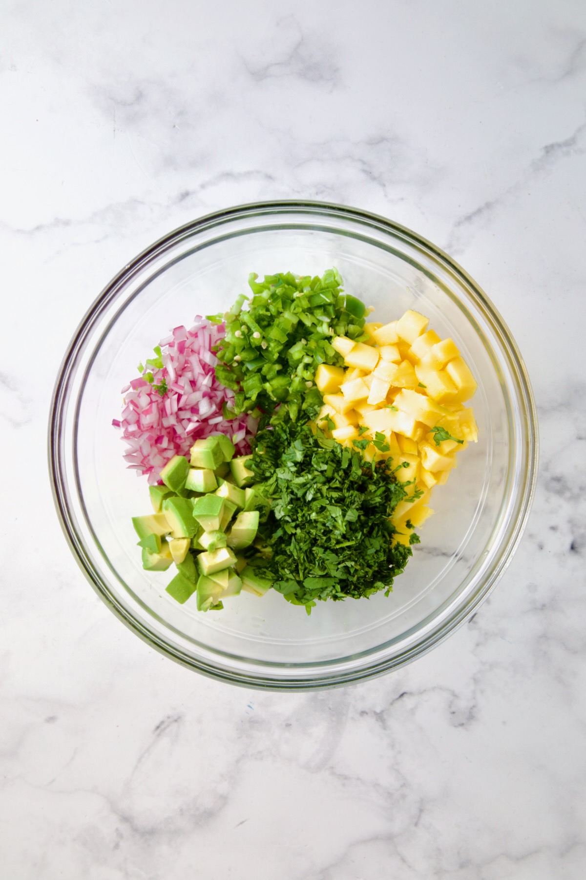 Red onion, jalapeno, mango, avocado and cilantro in glass bowl before being combined.