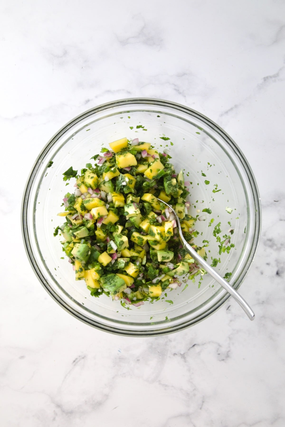Red onion, jalapeno, mango, avocado and cilantro in glass bowl after being combined and before fish is folded in.