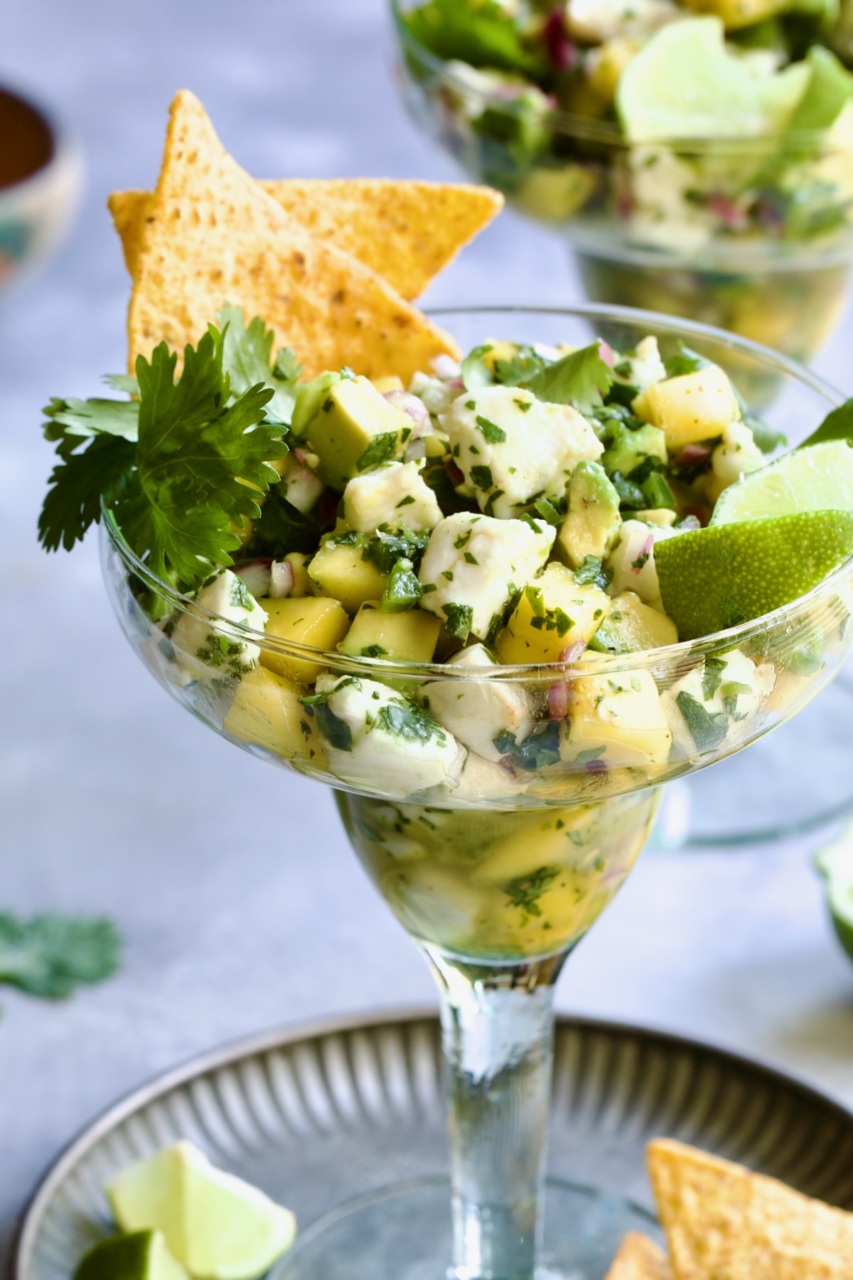 Halibut Ceviche in margarita glass garnished with cilantro sprigs and tortilla chips.